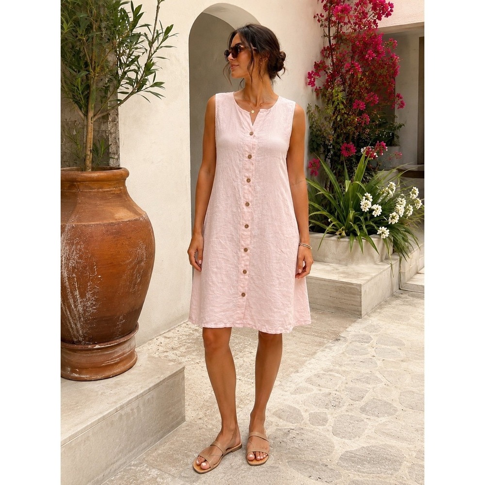 Terzo Millennio Pink Linen Sleeveless Button Front Dress Made in Italy M